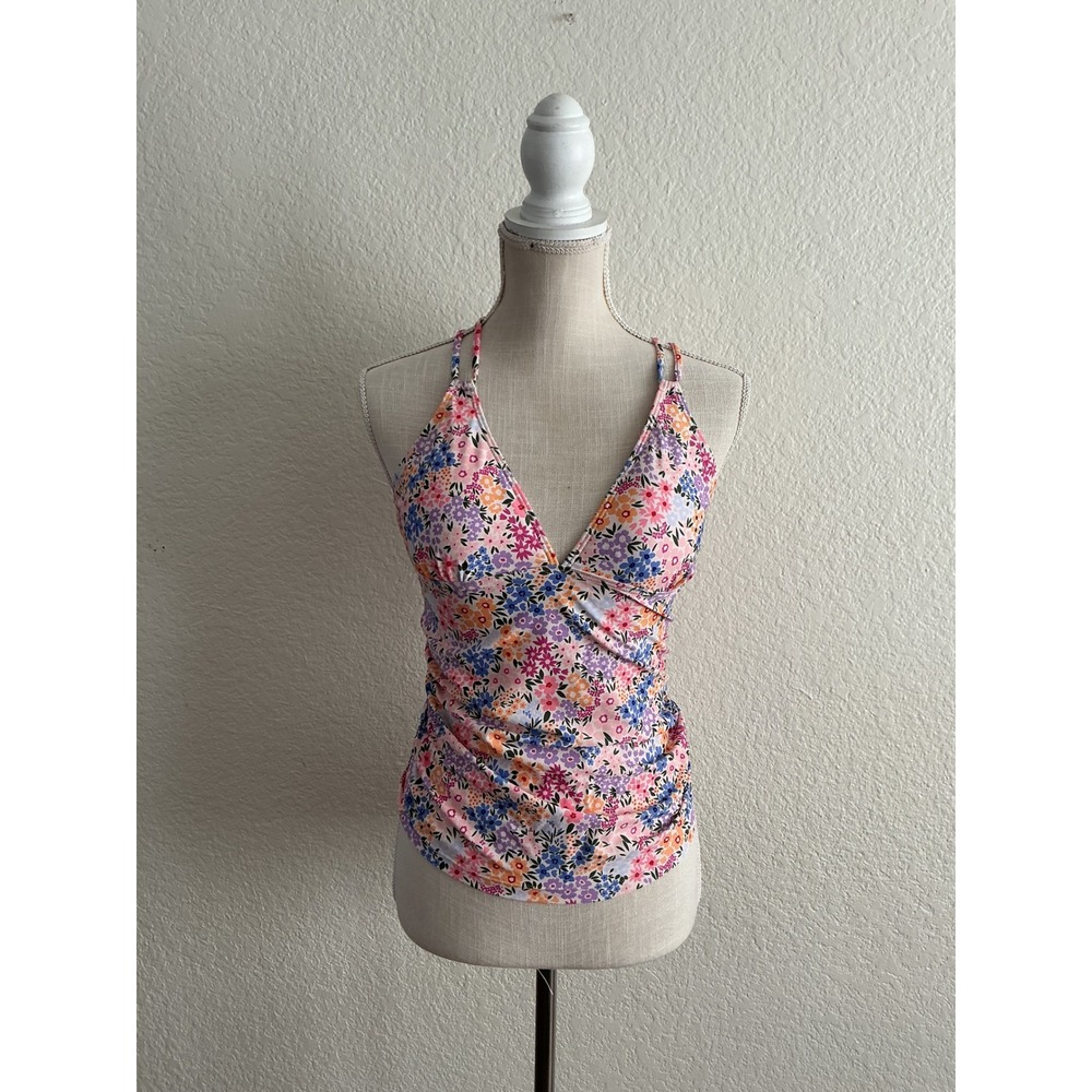 Unbranded Floral Tankini Top Size‎ L Excellent Ruched V-Neck Criss Cross Back